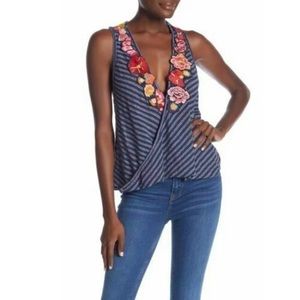 Free People Navy Tank Top with White stripes and Flower Appliqué - XS